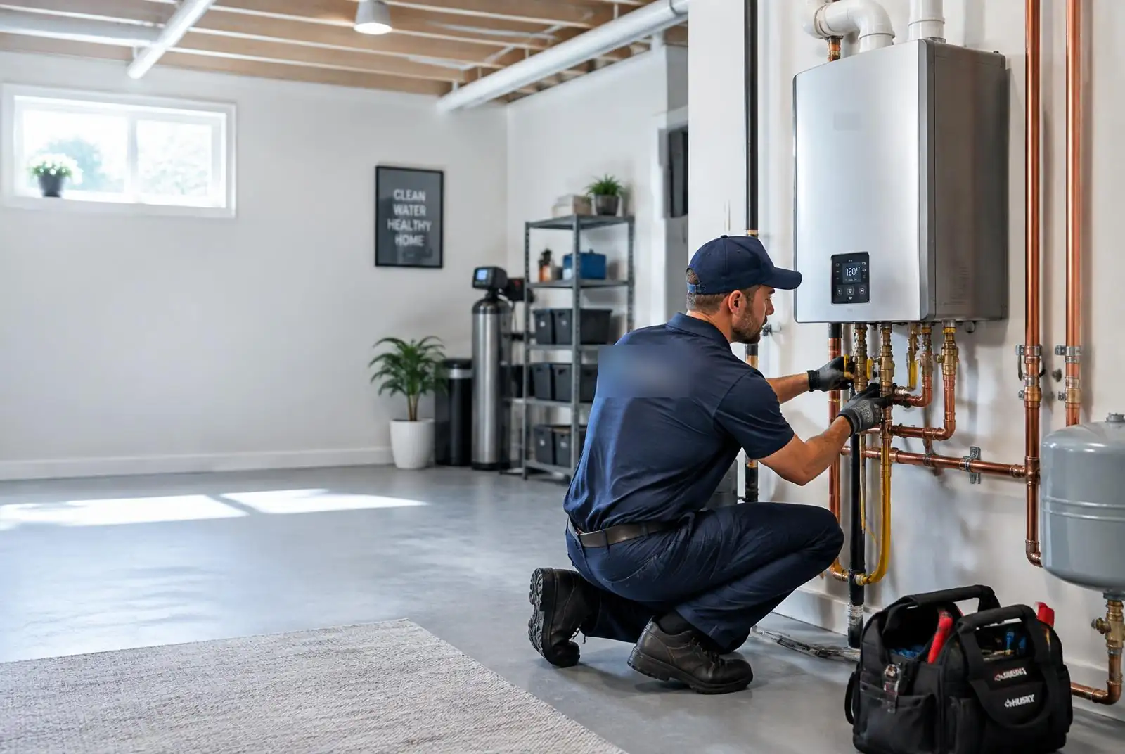 Plumber repairing pipes under a kitchen sink